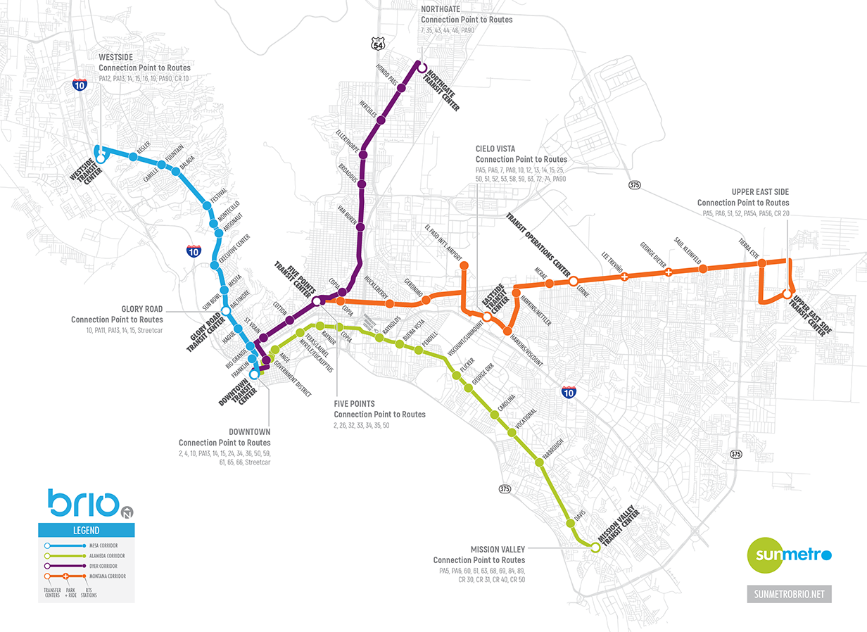 Map displaying all the Brio corridors throughout El Paso